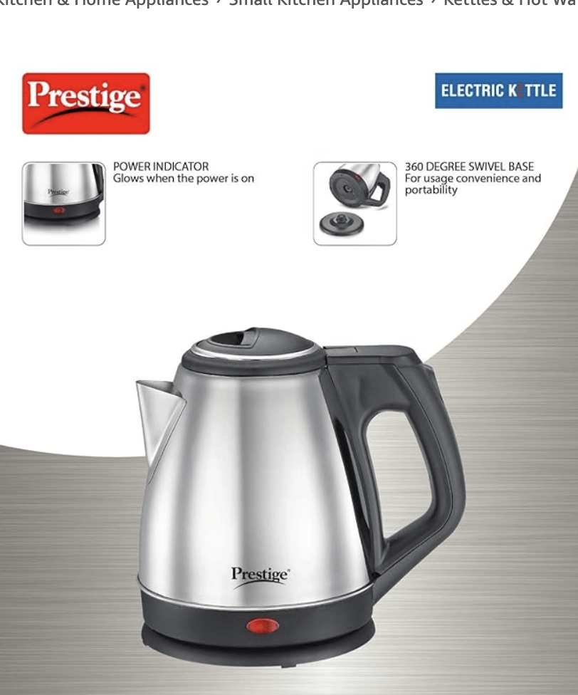 Prestige 1.2 Litres Electric Kettle (PKCS 1.2)| Silver | Auto Cut-Off | Power Indicator | Concealed Element | Single-Touch Lid Locking | 360 Degree Swivel Base