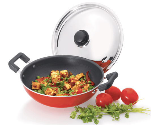 Premier Non Stick 24cm Kadai with SS Lid- (L x B x H) 29.5 x 25.4 x 11.1, Black