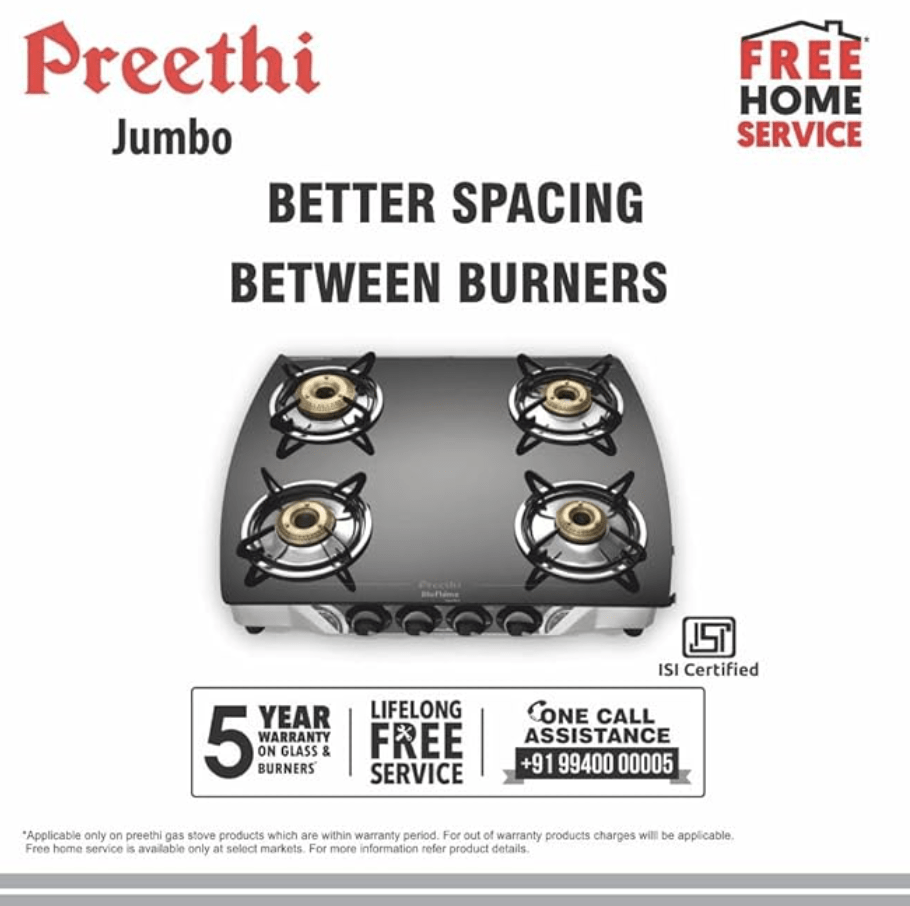 Preethi Blu Flame Jumbo Glass top 4 Burner Gas Stove, Manual Ignition, Black