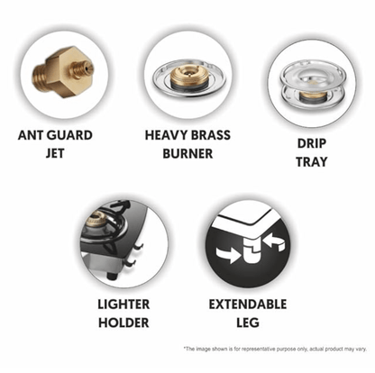 Preethi Blu Flame Jumbo Glass top 4 Burner Gas Stove, Manual Ignition, Black