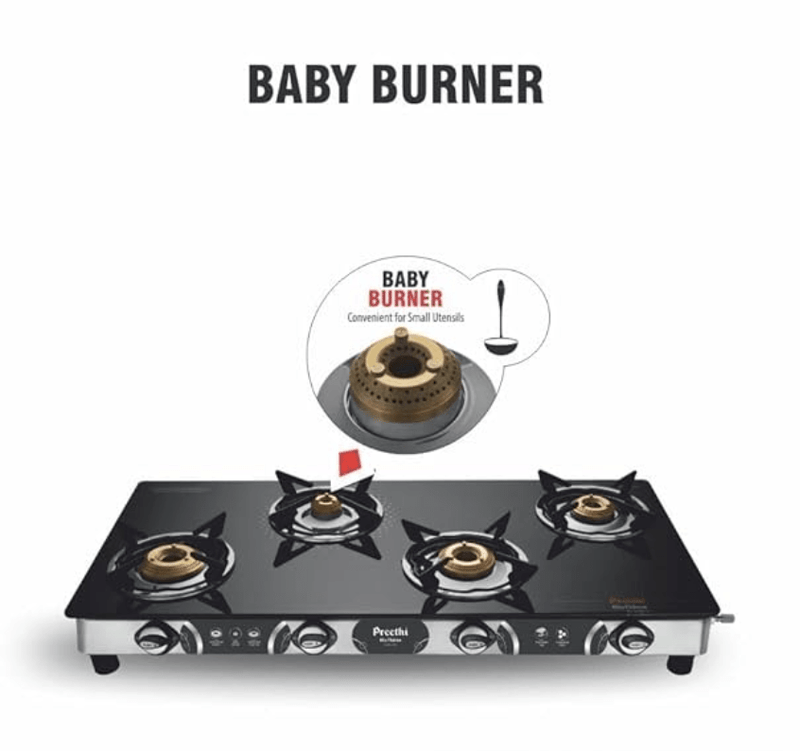 Preethi Blu-Flame Stainless Steel Jumbo Max Glass Top LPG Gas Stove with 4 Burner (Multicolour) (ISI Certified), Standard, GTS 118-4