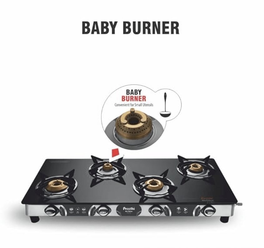 Preethi Blu-Flame Stainless Steel Jumbo Max Glass Top LPG Gas Stove with 4 Burner (Multicolour) (ISI Certified), Standard, GTS 118-4