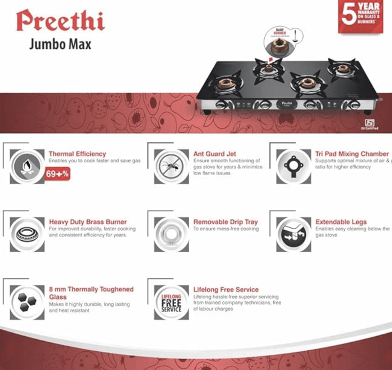 Preethi Blu-Flame Stainless Steel Jumbo Max Glass Top LPG Gas Stove with 4 Burner (Multicolour) (ISI Certified), Standard, GTS 118-5