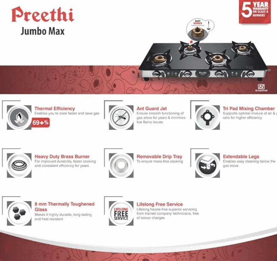 Preethi Blu-Flame Stainless Steel Jumbo Max Glass Top LPG Gas Stove with 4 Burner (Multicolour) (ISI Certified), Standard, GTS 118-5