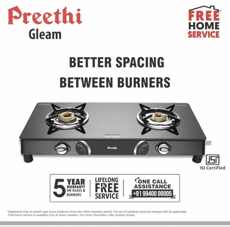 ப்ரீத்தி ப்ளூ ஃபிளேம் க்ளீம் கிளாஸ் டாப் 2-பர்னர் மேனுவல் கேஸ் ஸ்டவ் (கருப்பு) (ISI சான்றளிக்கப்பட்டது), GTS102 