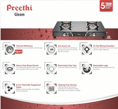 Preethi Blu Flame Gleam Glass Top 2-Burner Manual Gas Stove (Black) (ISI Certified), GTS102-2