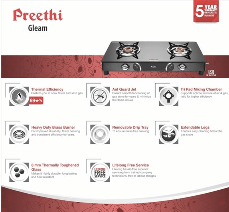 Preethi Blu Flame Gleam Glass Top 2-Burner Manual Gas Stove (Black) (ISI Certified), GTS102-2