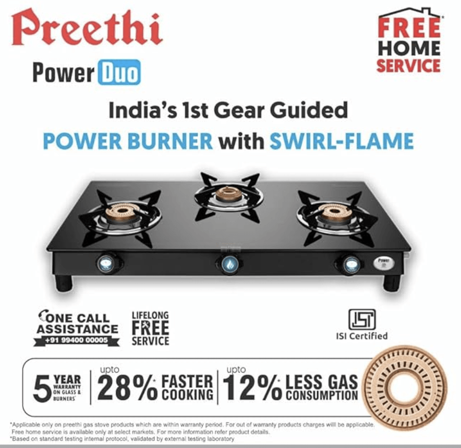 Preethi Bluflame Sparkle Power Duo 3 Burner Glass top Gas Stove with Power Burner and Swirl flame technology, saves gas and cooks faster, Manual Ignition, Black