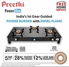 Preethi Bluflame Sparkle Power Duo 3 Burner Glass top Gas Stove with Power Burner and Swirl flame technology, saves gas and cooks faster, Manual Ignition, Black-4