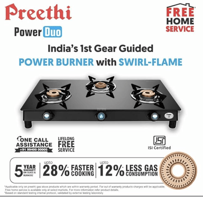 Preethi Bluflame Sparkle Power Duo 3 Burner Glass top Gas Stove with Power Burner and Swirl flame technology, saves gas and cooks faster, Manual Ignition, Black