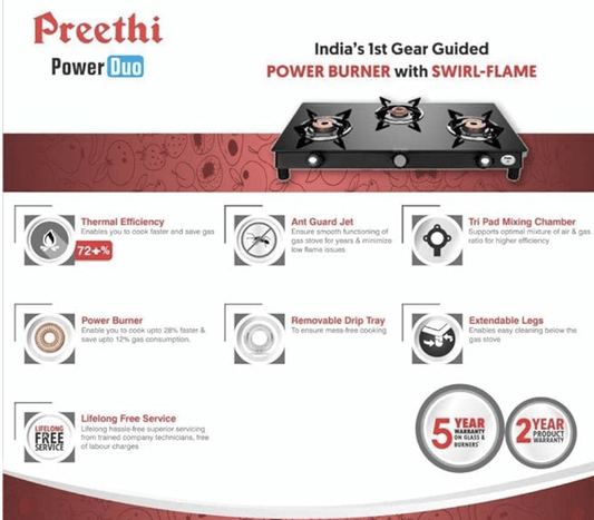 Preethi Bluflame Sparkle Power Duo 3 Burner Glass top Gas Stove with Power Burner and Swirl flame technology, saves gas and cooks faster, Manual Ignition, Black