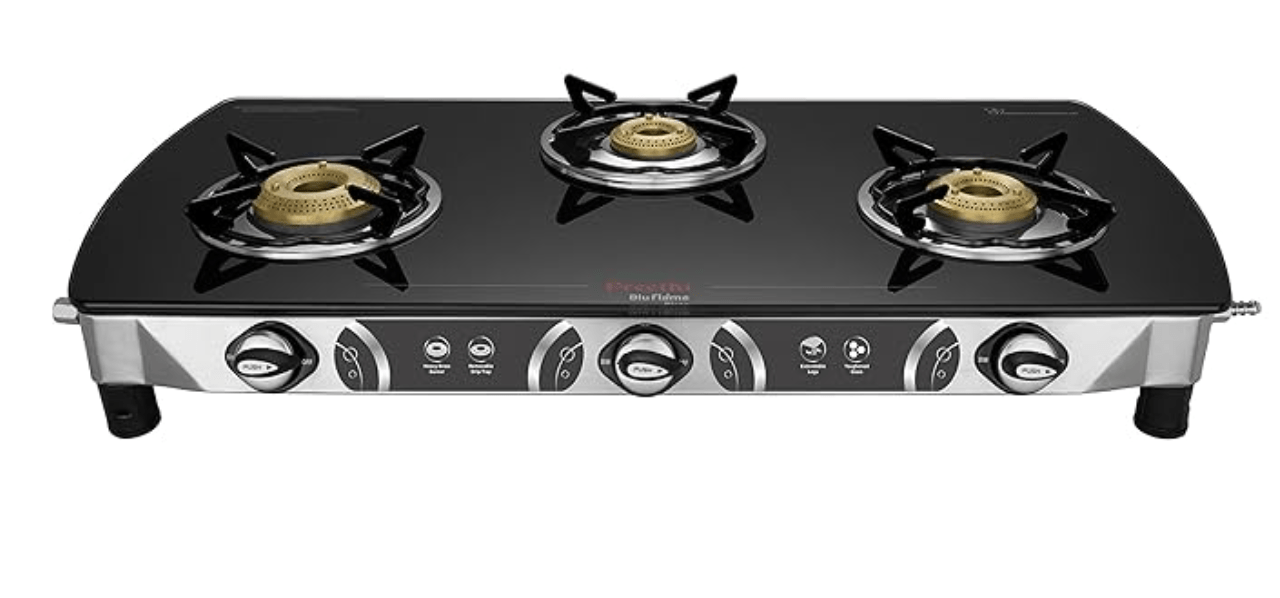 Preethi Blu Flame Blaze Glass top 3 Burner Gas Stove, Manual Ignition, Black (ISI Certified), GTS 117