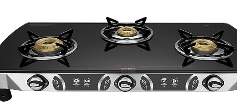 Preethi Blu Flame Blaze Glass top 3 Burner Gas Stove, Manual Ignition, Black (ISI Certified), GTS 117-3