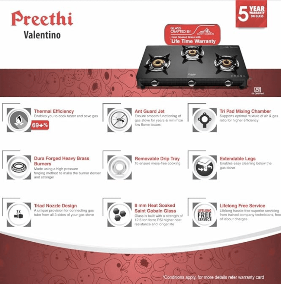 Preethi Valentino Glass top 3 Burner Gas Stove, Manual Ignition, Black (ISI Approved with Life Time Warranty on Glass &amp; Burner)
