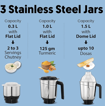 Preethi Crystal MG224 Mixer Grinder, 500 watt, Blue, 3 Jars, Vega W5 Motor with 5yr Warranty & Lifelong Free Service