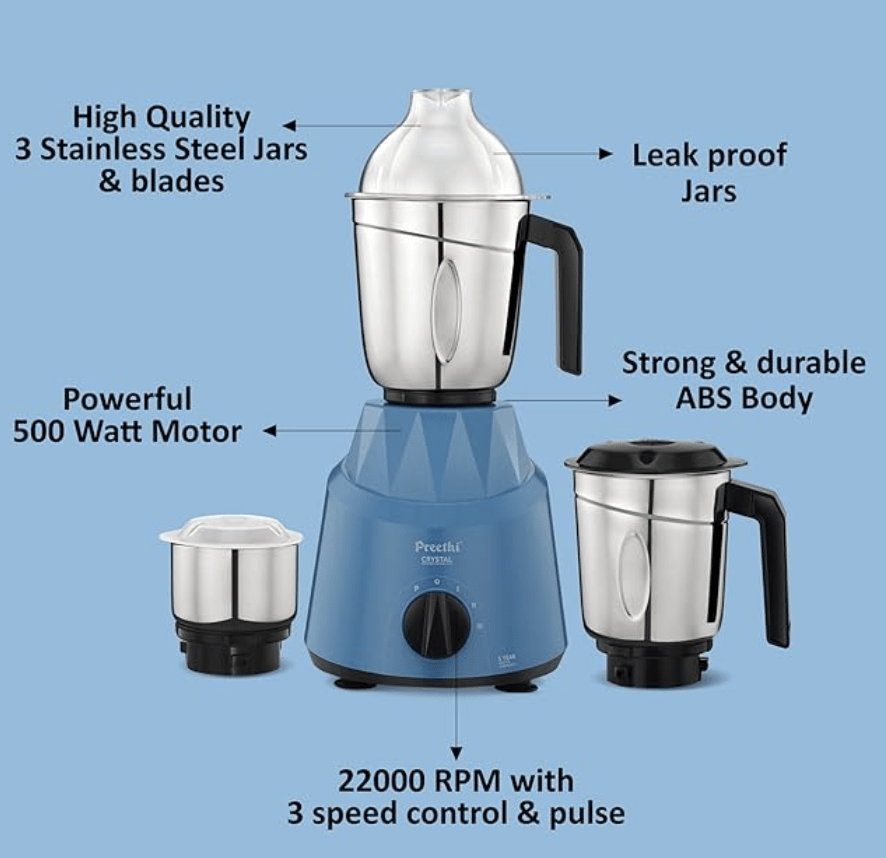 Preethi Crystal MG224 Mixer Grinder, 500 watt, Blue, 3 Jars, Vega W5 Motor with 5yr Warranty & Lifelong Free Service