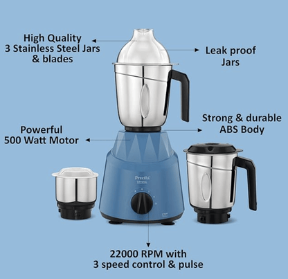 Preethi Crystal MG224 Mixer Grinder, 500 watt, Blue, 3 Jars, Vega W5 Motor with 5yr Warranty & Lifelong Free Service