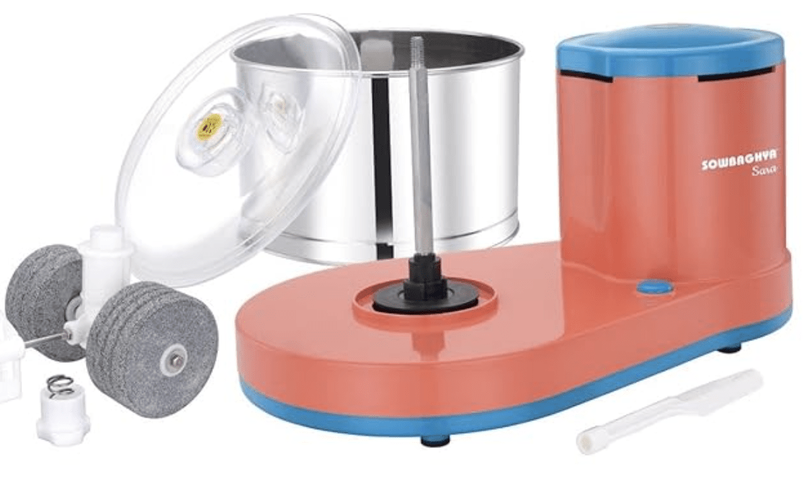 Sowbaghya Sara 2Ltr Table Top Wet Grinder with Coconut Scrapper & Atta Kneader (Orange) | Heavy Duty Motor | Ideal for Your Kitchen | 2Ltr Wet Grinder for All Kinds of Batter for South Indian Dishes