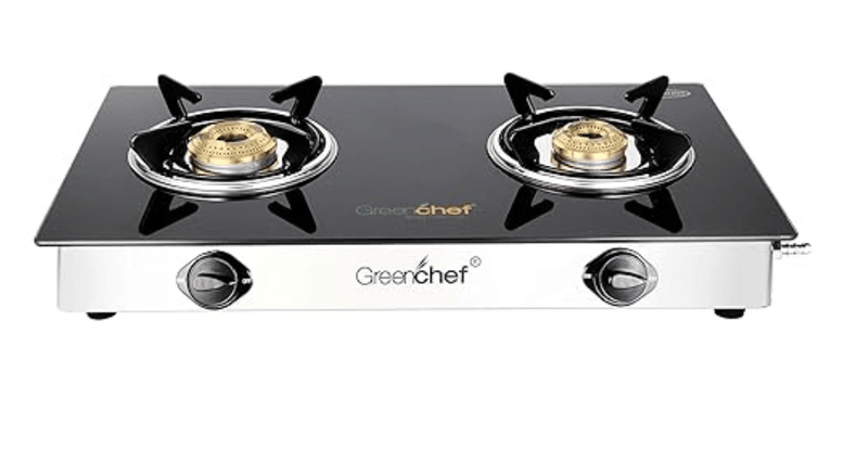 GREENCHEF Brass Glass top Namo 2 Burner Manual Gas Stove (Black)-2
