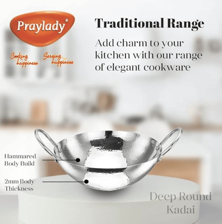 Praylady Stainless Steel Kadai with Handle Traditional Series 2MM Silver