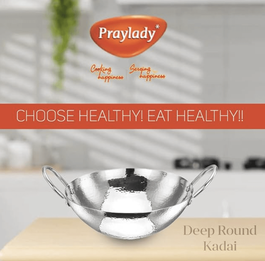 Praylady Stainless Steel Kadai with Handle Traditional Series 2MM Silver