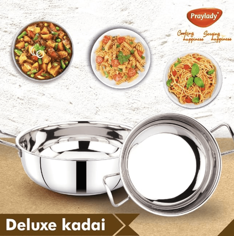 Praylady Stainless Steel with Handle 3 PLY POTS & Pans Deluxe Series KADAI Silver
