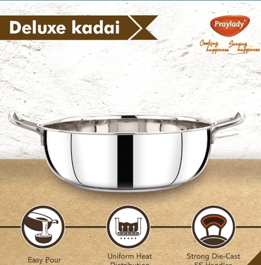 Praylady Stainless Steel with Handle 3 PLY POTS & Pans Deluxe Series KADAI Silver