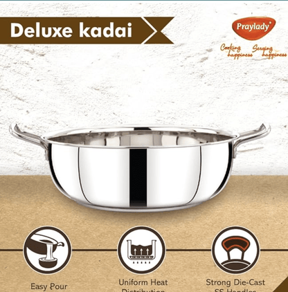 Praylady Stainless Steel with Handle 3 PLY POTS & Pans Deluxe Series KADAI Silver