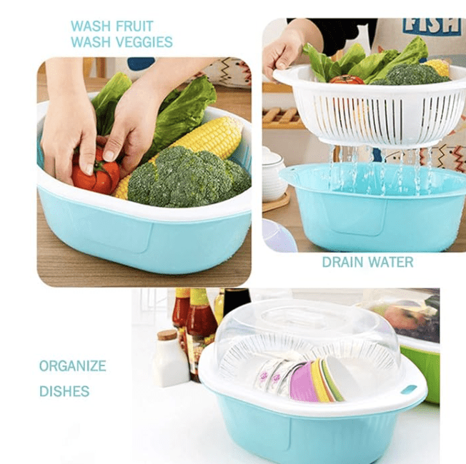 3 in 1 Dish Tub and Colander Set with Lid, Vegetable Washer with Bowl, Dishpan Strainer Basket Lettuce Washer and Dryer - Water Drain-2