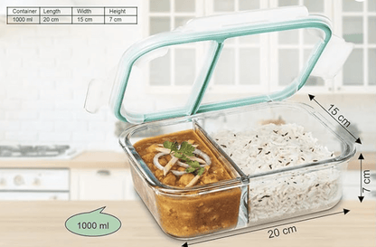 SignoraWare Slim High Big Microwave Safe Office Two Compartment Lunch Box Set | Borosilicate Glass | Safety Lock Airtight Tiffin Containers (1000ml | Transparent)
