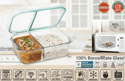 SignoraWare Slim High Big Microwave Safe Office Two Compartment Lunch Box Set | Borosilicate Glass | Safety Lock Airtight Tiffin Containers (1000ml | Transparent)