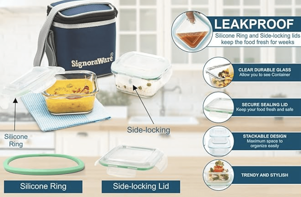 SignoraWare Director High Microwave Safe Office Lunch Box Set with Bag | Borosilicate Glass | Safety Lock Airtight Tiffin Containers (Set of 2 – 320ml+320ml | Transparent)