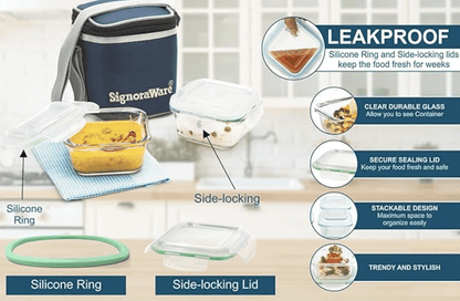 SignoraWare Director High Microwave Safe Office Lunch Box Set with Bag | Borosilicate Glass | Safety Lock Airtight Tiffin Containers (Set of 2 – 320ml+320ml | Transparent)