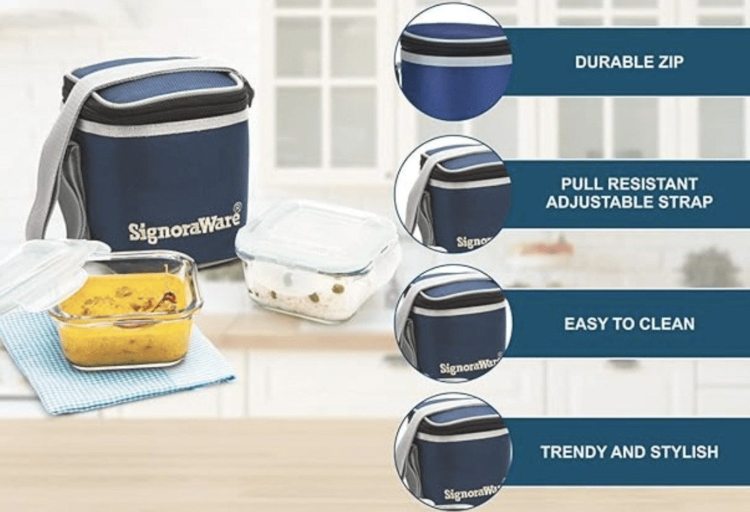 SignoraWare Director High Microwave Safe Office Lunch Box Set with Bag | Borosilicate Glass | Safety Lock Airtight Tiffin Containers (Set of 2 – 320ml+320ml | Transparent)