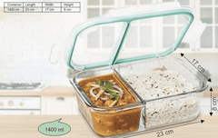 SignoraWare Slim High Jumbo Microwave Safe Office Two Compartment Lunch Box Set | Borosilicate Glass | Safety Lock Airtight Tiffin Containers (1400ml | Transparent)-3