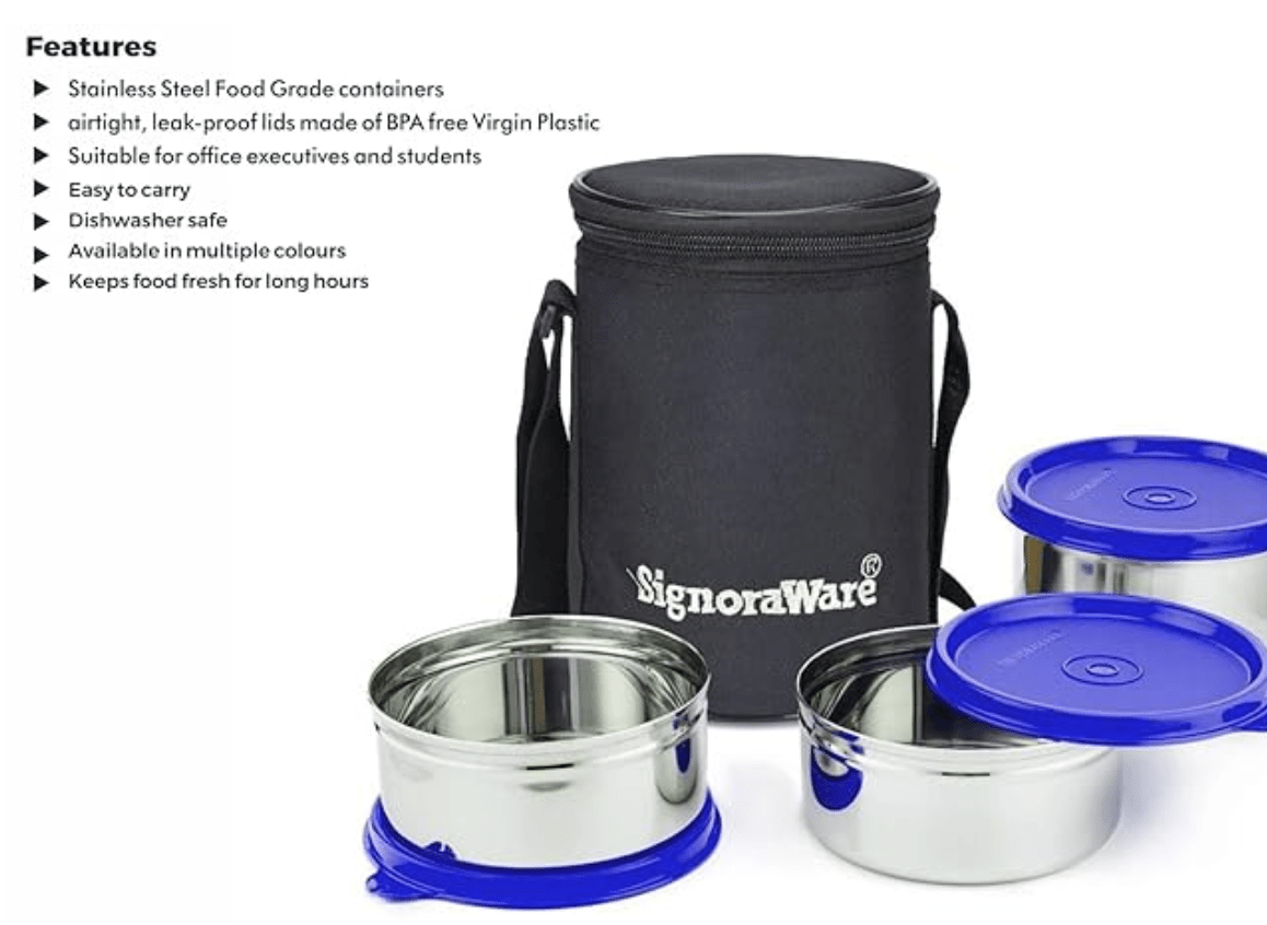 Signoraware Executive Stainless Steel Lunch Box Set 3 with bag | Stainless-Steel Leak-Proof Containers | Full Meal Boxes (Container Size 350mlx2 | 500mlx1)