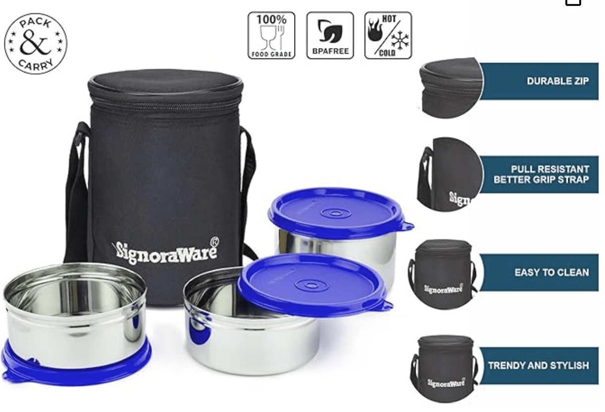 Signoraware Executive Stainless Steel Lunch Box Set 3 with bag | Stainless-Steel Leak-Proof Containers | Full Meal Boxes (Container Size 350mlx2 | 500mlx1)