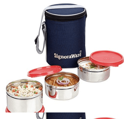 Signoraware Executive Stainless Steel Lunch Box Set 3 with bag | Stainless-Steel Leak-Proof Containers | Full Meal Boxes (Container Size 350mlx2 | 500mlx1)