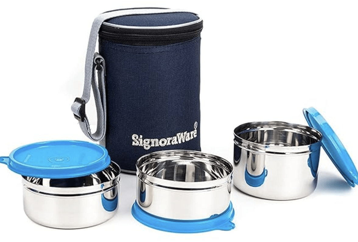Signoraware Executive Stainless Steel Lunch Box Set 3 with bag | Stainless-Steel Leak-Proof Containers | Full Meal Boxes (Container Size 350mlx2 | 500mlx1)