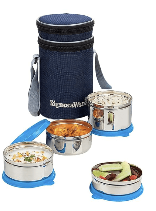 Signoraware Executive Stainless Steel Lunch Box Set 4 with bag | Stainless-Steel Leak-Proof Containers | Full Meal Boxes (Container Size 200mlx1 | 350mlx2 | 500mlx1 | Violet)
