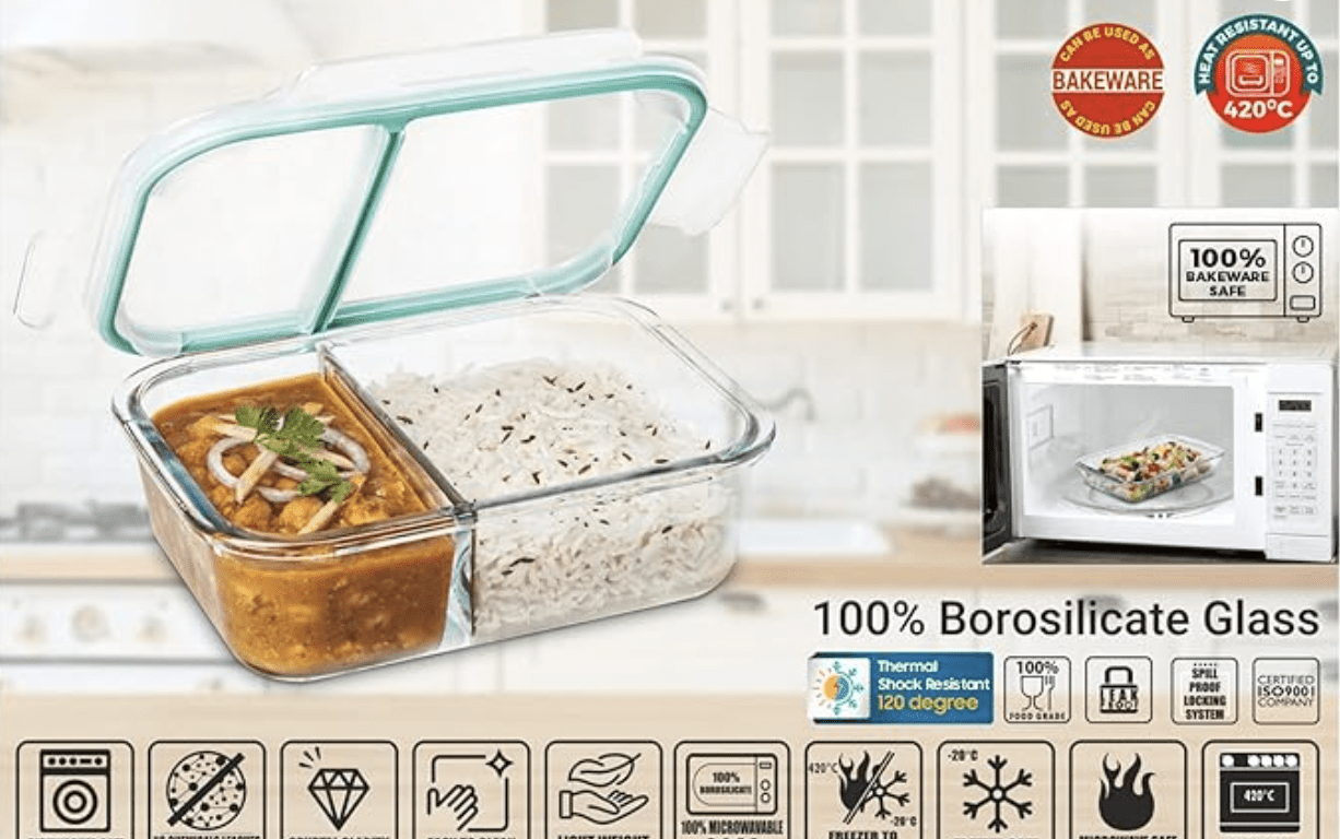 SignoraWare Slim High Microwave Safe Office Two Compartment Lunch Box Set | Borosilicate Glass | Safety Lock Airtight Tiffin Containers (600ml | Transparent)-3
