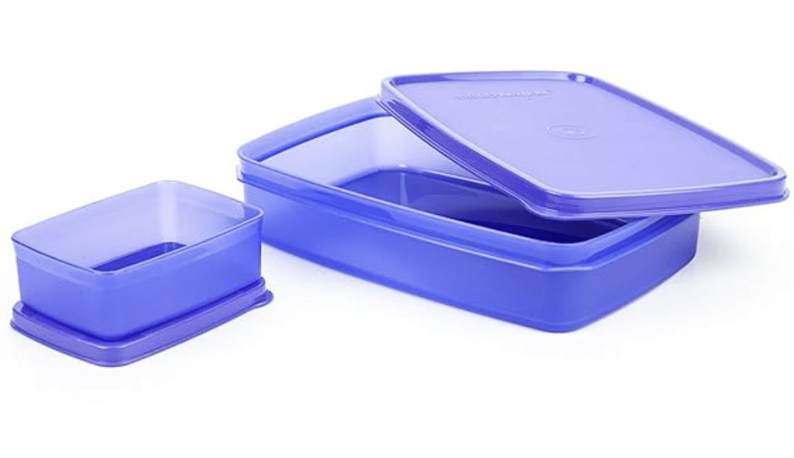 SignoraWare Easy Jumbo Compartment Lunch Box Set of 2, Bpa Free Plastic, Microwave Safe Food Grade Tiffin Boxes Office School, Leak Proof Air Tight (850ml+150ml, Rectangular, Blue, 2 Section Storage)