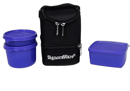 Signoraware Trio Plastic Lunch Box with Insulated Bag Set, 3-Pieces, Multicolor