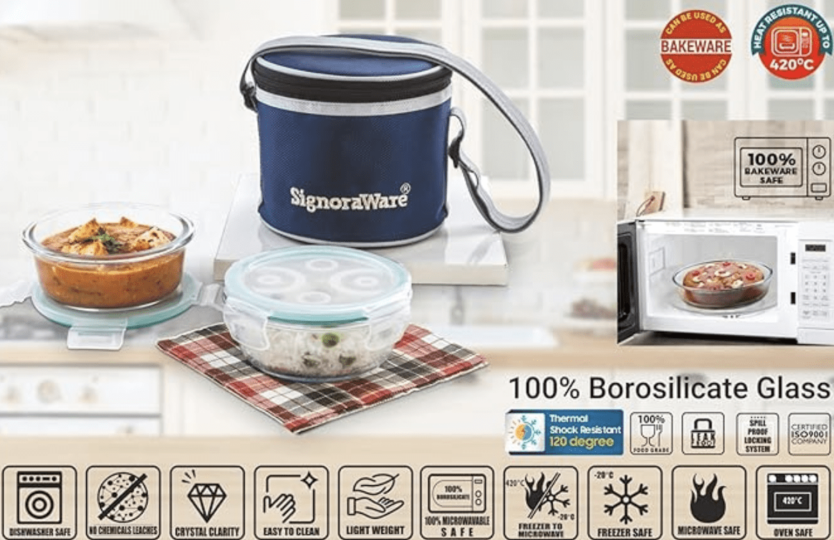 SignoraWare Executive High Microwave Safe Office Lunch Box Set with Bag | Borosilicate Glass | Safety Lock Airtight Tiffin Containers (Set of 2 – 400ml+400ml | Transparent)-3