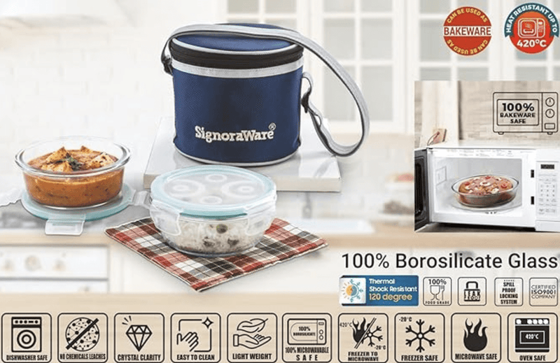 SignoraWare Executive High Microwave Safe Office Lunch Box Set with Bag | Borosilicate Glass | Safety Lock Airtight Tiffin Containers (Set of 2 – 400ml+400ml | Transparent)-3