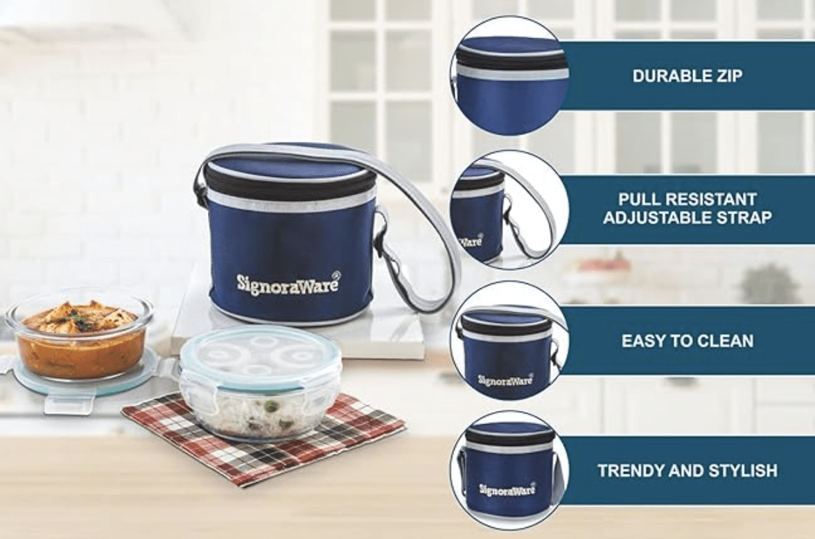 SignoraWare Executive High Microwave Safe Office Lunch Box Set with Bag | Borosilicate Glass | Safety Lock Airtight Tiffin Containers (Set of 2 – 400ml+400ml | Transparent)