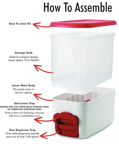 SignoraWare Rice Dispenser Containers | Large Grains Storage with Lid and Collection Tray | Moisture Proof | Touch Free Rice withdrawal | Food Grade Bpa Free (10Kg | Red) (Plastic)-2