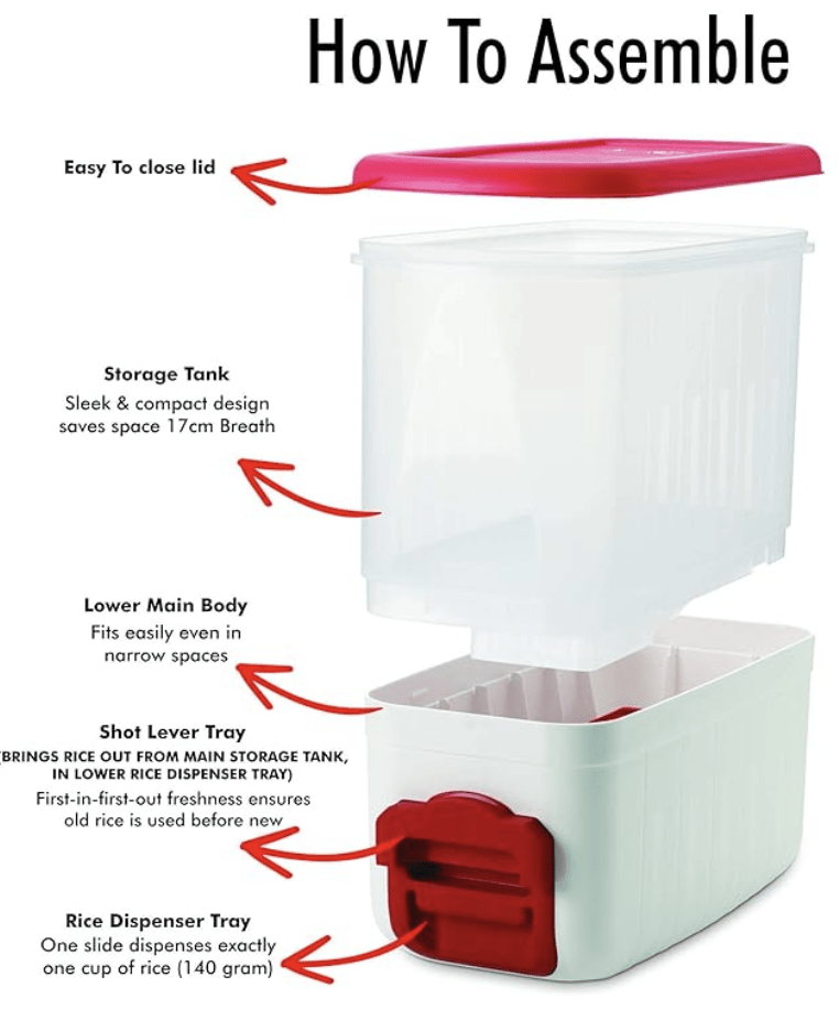 SignoraWare Rice Dispenser Containers | Large Grains Storage with Lid and Collection Tray | Moisture Proof | Touch Free Rice withdrawal | Food Grade Bpa Free (10Kg | Red) (Plastic)-2