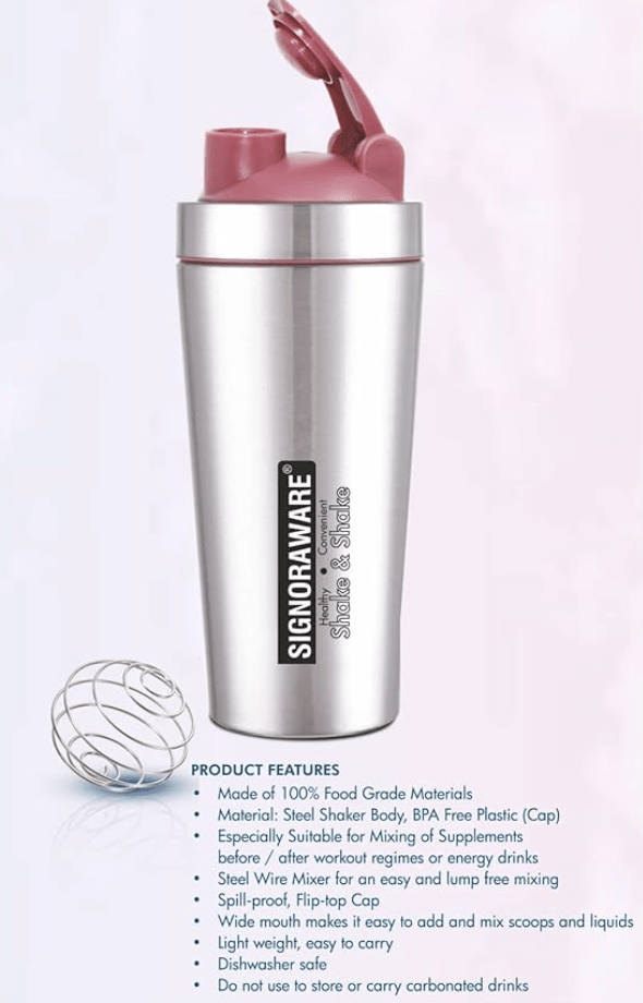 SignoraWare Charger Stainless Steel Protein Shaker Bottle for Pre-Post Workout | Water Bottle | Leakproof with Knob (500ml | Silver | Set 1)