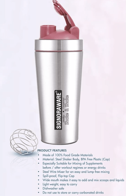 SignoraWare Charger Stainless Steel Protein Shaker Bottle for Pre-Post Workout | Water Bottle | Leakproof with Knob (500ml | Silver | Set 1)